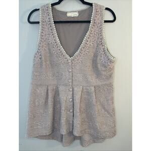A'reve Womens High/Low Top Size L Boho Sleeveless Knit Lace Button Down Vintage